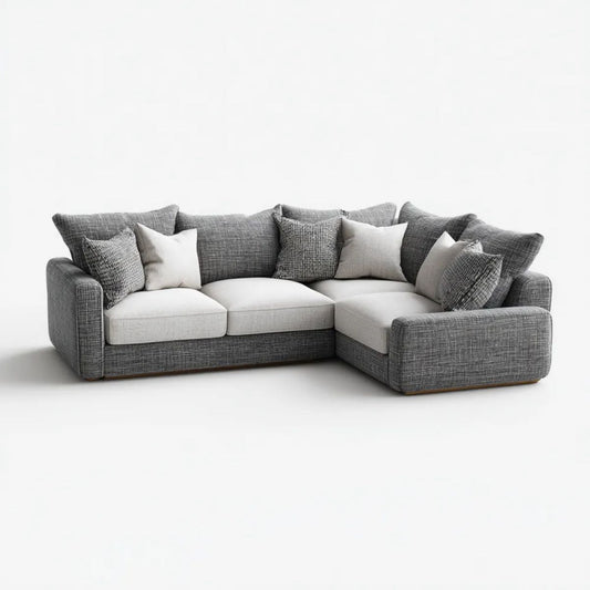Sofa, 3-osobowa sofa w L w szarej poliestrowej tkaniny, 260 x 180 x 85 cm