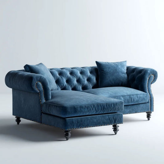 Sofa, Chesterfield Oil Błękitny poliester Betonvelvet lewy narożnik sofa 250 x 160 x 85 cm