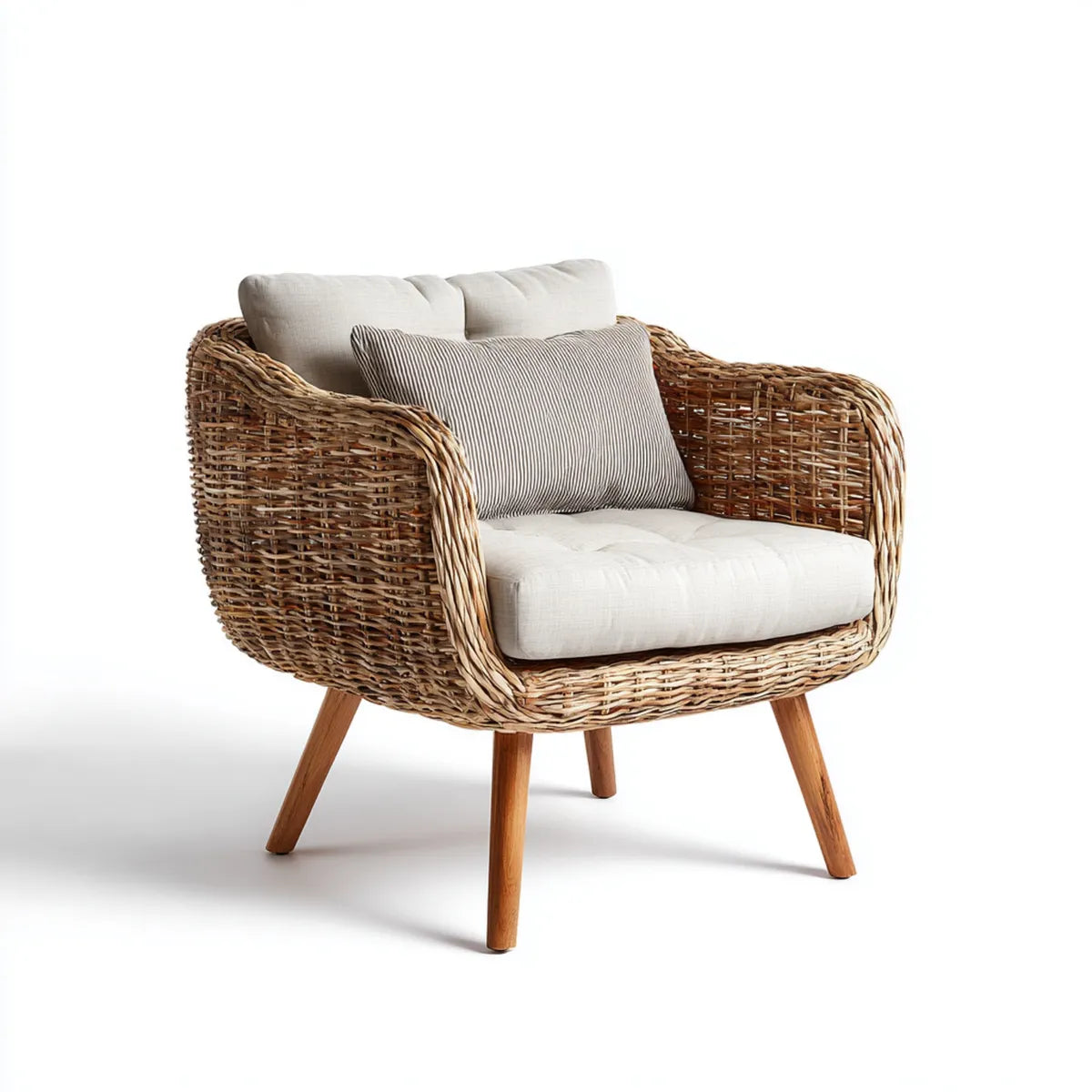 Fotel, Naturalne rattan z kości słoniowej Fotel z zaokrąglonymi poduszkami poliestrowymi 78 x 76 x 80 cm