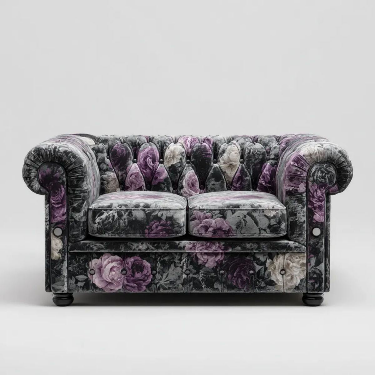 Sofa, Chesterfield 2 Poliester z poliestru z sofą z antracytem i fioletowo-szarym wzorem kwiatowym, 170 x 90 x 75 cm