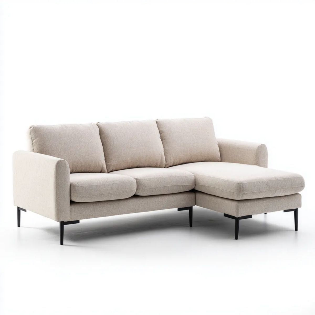 Sofa, 3-osobowa w narożniku sofa z szezlongiem na prawo w beżowej tkaniny, 230 x 150 x 85 cm