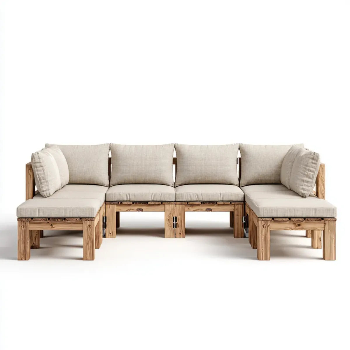 Sofa ogrodowa, Modułowe meble ogrodowe 5 sztuk beżowe z litego drewna acacia w kształcie U- kształtowanej 350 x 210 x 70 cm