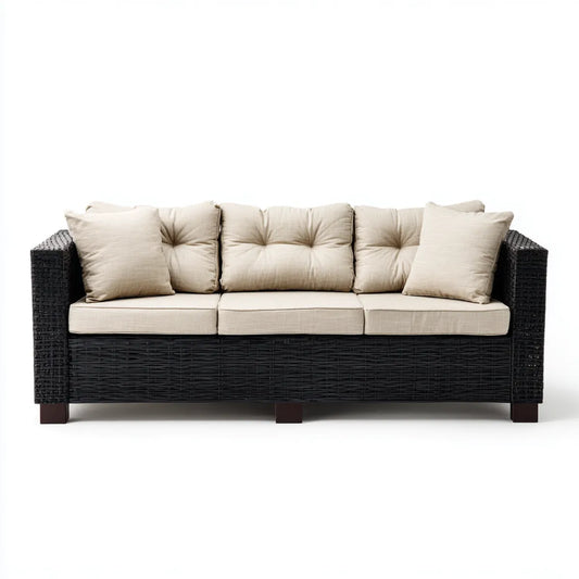 Sofa ogrodowa, 3-osobowa czarny i beżowy sofa ogrodowa z plecionej żywicy prostokątna PE 205 x 80 x 85 cm