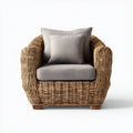 Fotel, Naturalny brązowy rattan salon fotel z zaokrąglonymi szarymi poduszkami 85 x 80 x 85 cm